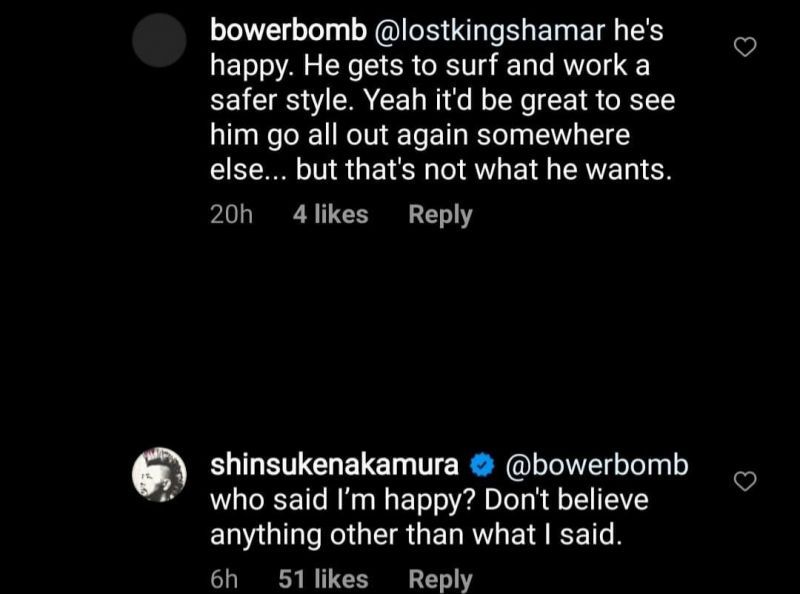 A screenshot of Shinsuke Nakamura's reply to a fan on Instagram