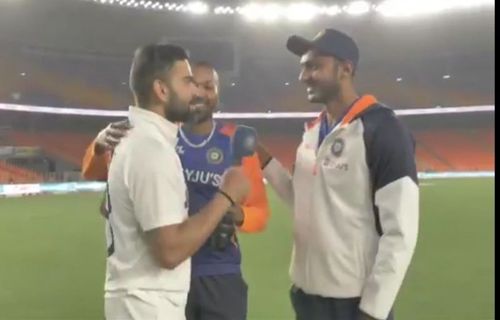 Virat Kohli's rib-tickling interaction with Axar Patel and Hardik Pandya after the 3rd Test. (Image source: BCCI/Twitter)