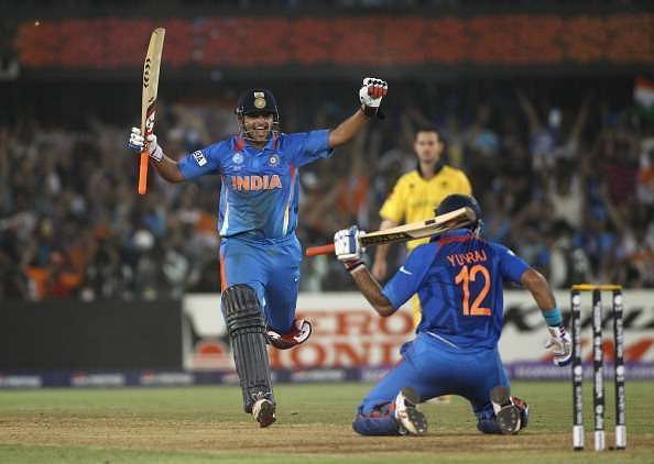 Suresh Raina and Yuvraj Singh celebrate after India&#039;s 2011 World Cup quarter-final win ai the Motera.