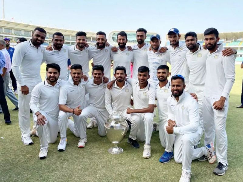 Chetan Sakariya and his Saurashtra teammates pose with the 2019-20 Ranji Trophy.