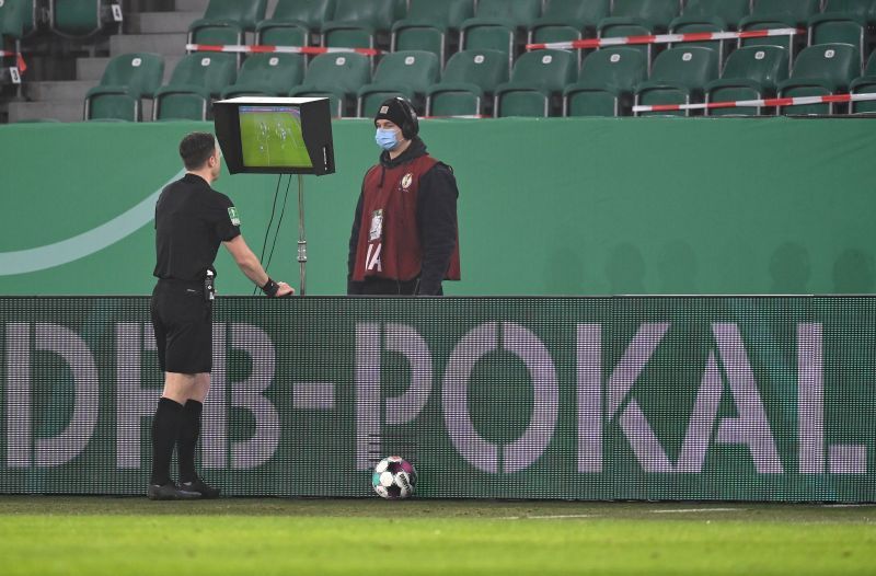 The VAR being used in VfL Wolfsburg v FC Schalke 04 - DFB Cup: Round Of Sixteen