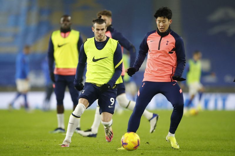 Gareth Bale and Son Heung-Min of Tottenham Hostpur warm up ahead of the game against Brighton