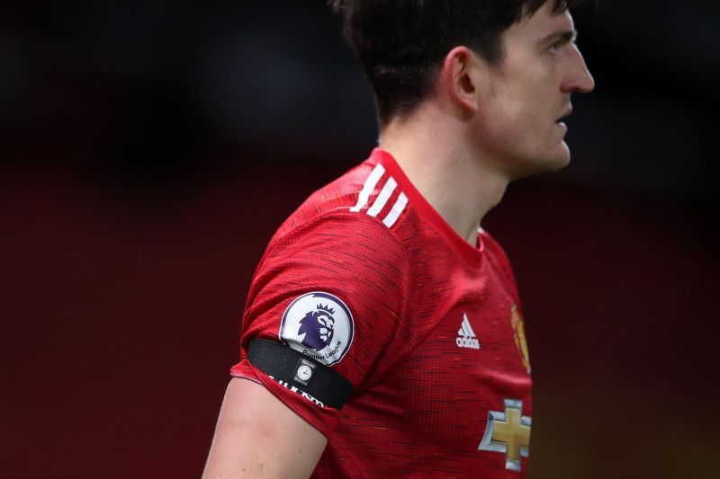 Harry Maguire with the captain&#039;s armband for Manchester United