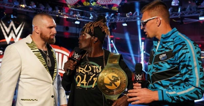 Rob Gronkowski, Mojo Rawley and R-Truth at WWE WrestleMania