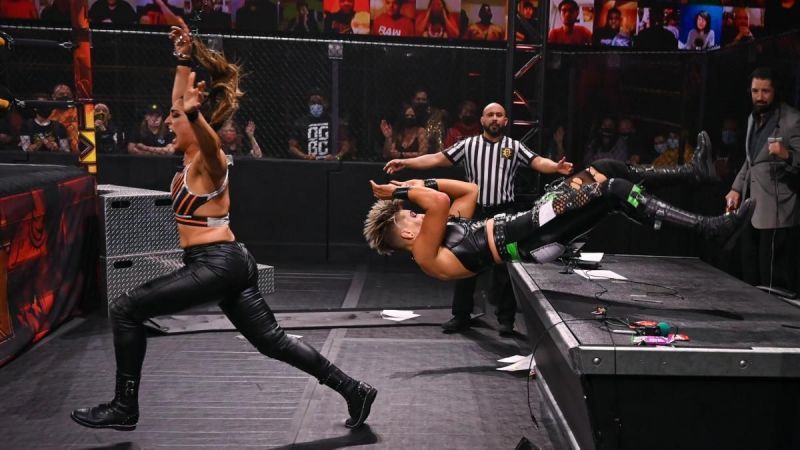 Rhea Ripley and Raquel Gonzalez during their WWE NXT New Year&#039;s Evil Match