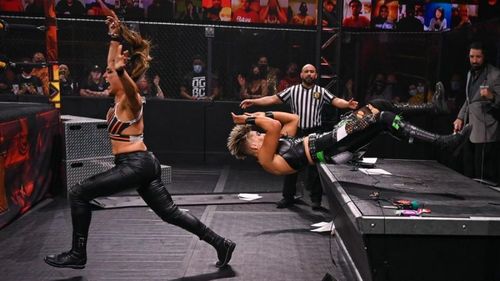 Rhea Ripley and Raquel Gonzalez during their WWE NXT New Year's Evil Match