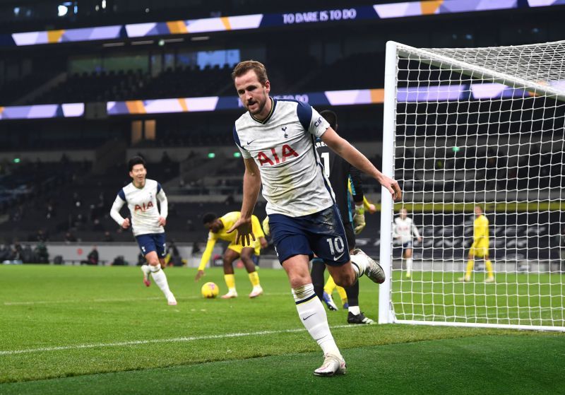 Harry Kane celebrates after scoring a goal for Tottenham Hotspur.