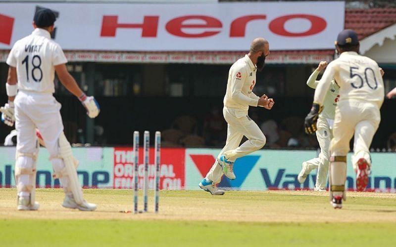 Moeen Ali celebrates the wicket of Virat Kohli