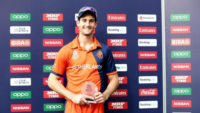 Brandon Glover after winning the MOM award against UAE, ICC T20 World Cup Qualifier, 2019 (Photo: ICC)