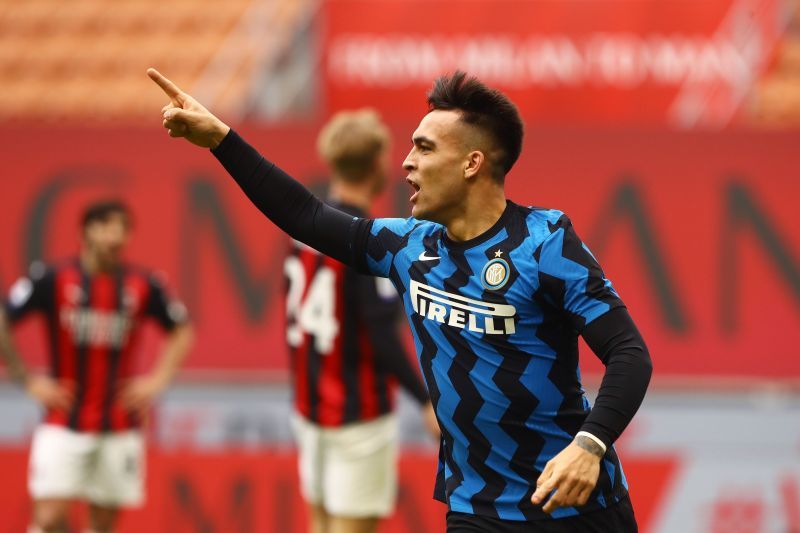 Lautaro Martinez celebrates after scoring against AC Milan.