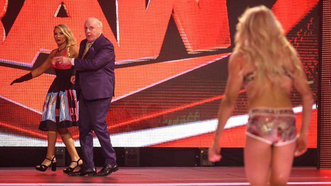 Lacey Evans and Ric Flair (left); Charlotte Flair (right)