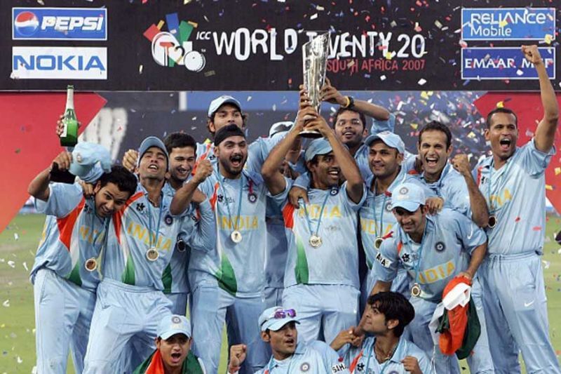 Yusuf Pathan celebrating with the Indian team on winning the 2007 T20 World Cup.