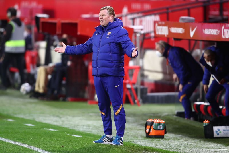 FC Barcelona manager Ronald Koeman looks on in the Copa del Rey Semi Final against Sevilla