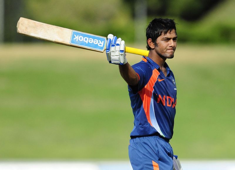 Unmukt Chand after bringing up his hundred in the U-19 quadrangular final on April 15, 2012