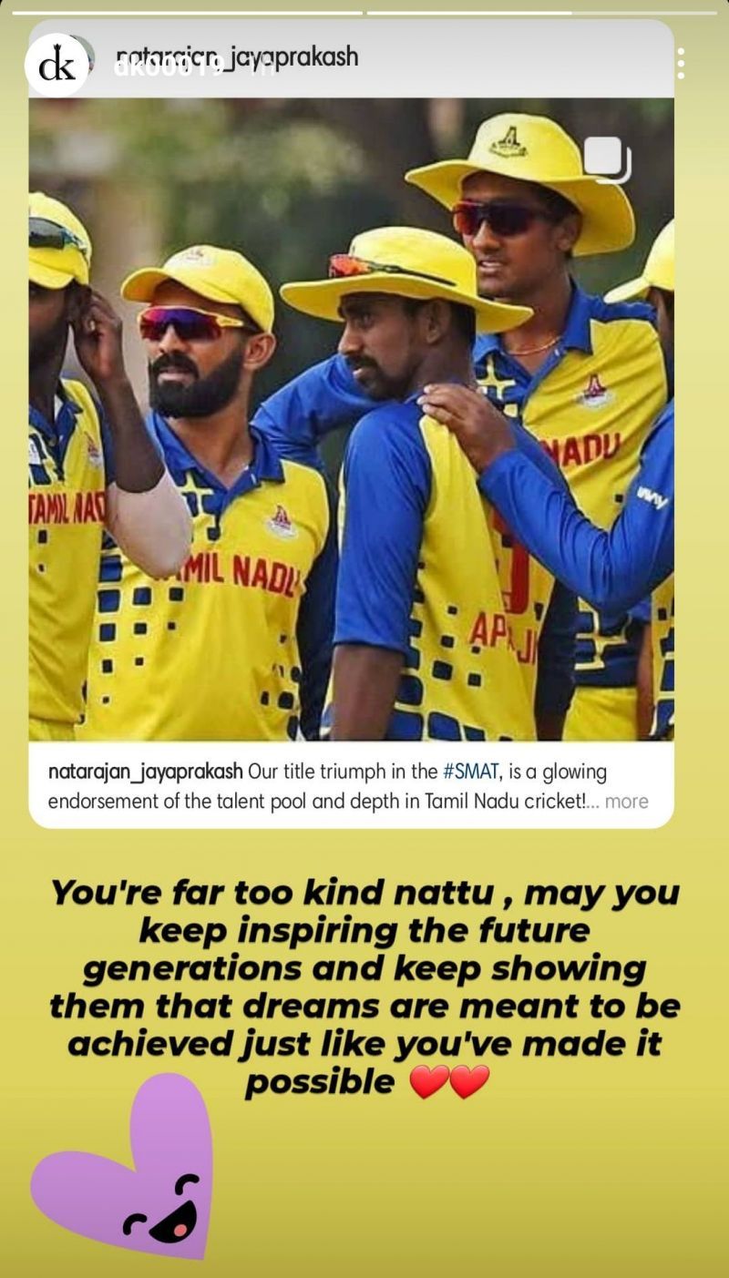 Dinesh Karthik's reaction to T Natarajan's post