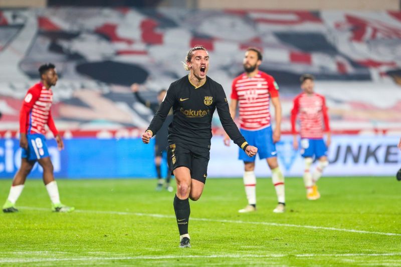 Antione Griezmann celebrates a goal as Barcelona beat Granada in the Copa del Rey