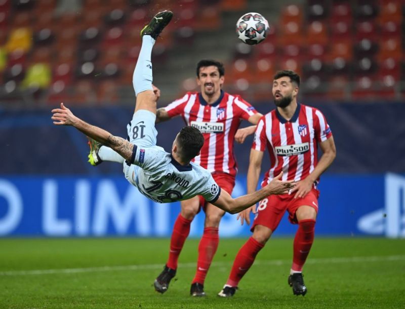 Olivier Giroud (air-borne) scored a stunner at Atletico Madrid on Tuesday.