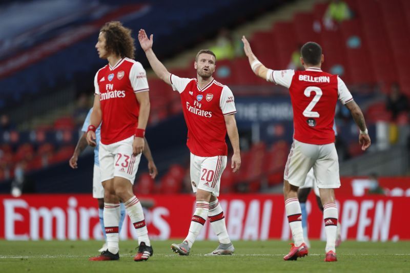 Shkodran Mustafi (centre) never impressed at Arsenal.