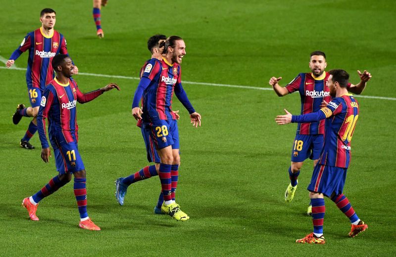 Oscar Mingueza (third from right) scored his first goal for Barcelona.