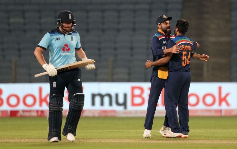 Virat Kohli celebrates the dismissal of Jonny Bairstow.