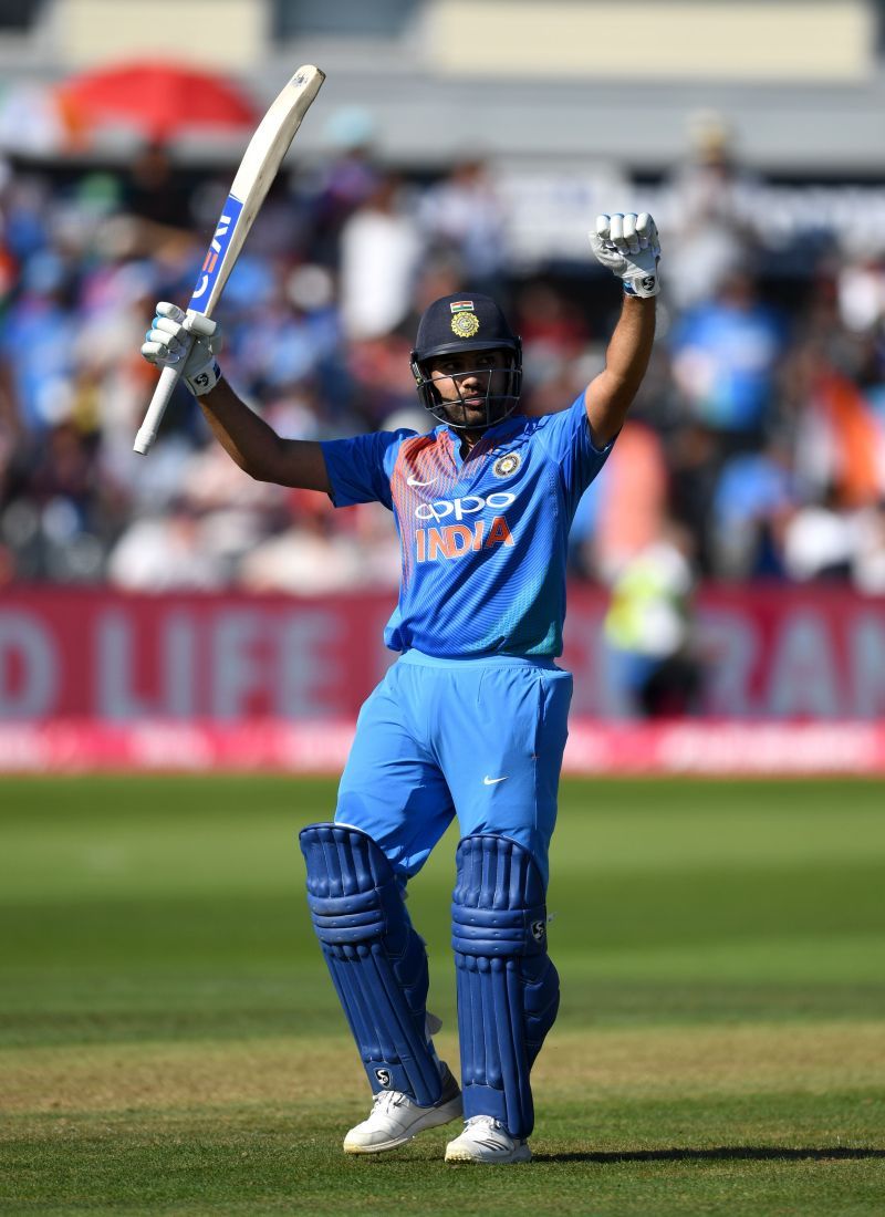 Rohit Sharma celebrates his hundred in Bristol in 2018.