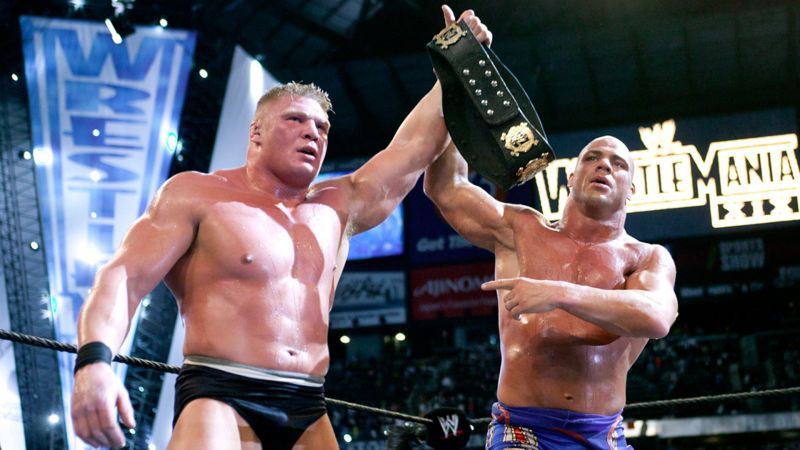 Brock Lesnar main evented WrestleMania for the first time against Kurt Angle at WrestleMania XIX in 2003
