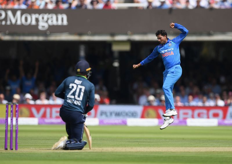 Kuldeep Yadav after getting the better of Jason Roy in 2018