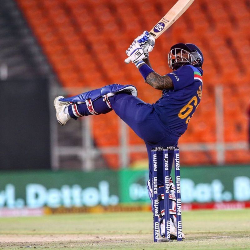 Suryakumar Yadav pulls his first ball in international cricket for a stunning six. (Photo: Twitter)