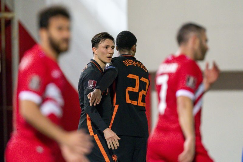 Steven Berghuis celebrates after scoring a goal for Netherlands.