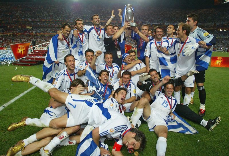 Greece celebrate their unexpected Euro 2004 triumph