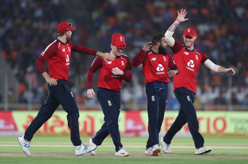 Ben Stokes celebrates with Adil Rashid during the 1st T20I