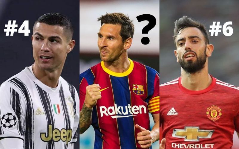 Cristiano Ronaldo, Lionel Messi, and Bruno Fernandes