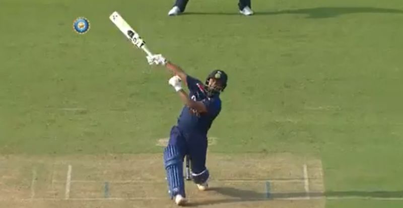 Rishabh Pant hitting a one-handed six. Pic: BCCI