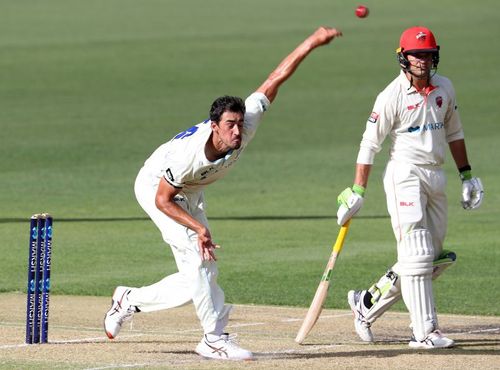 Mitchell Starc bowling in the Sheffield Shield