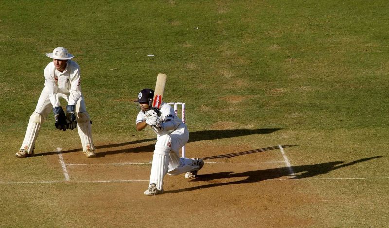 Rahul Dravid of India facing off against England at Ahmedabad