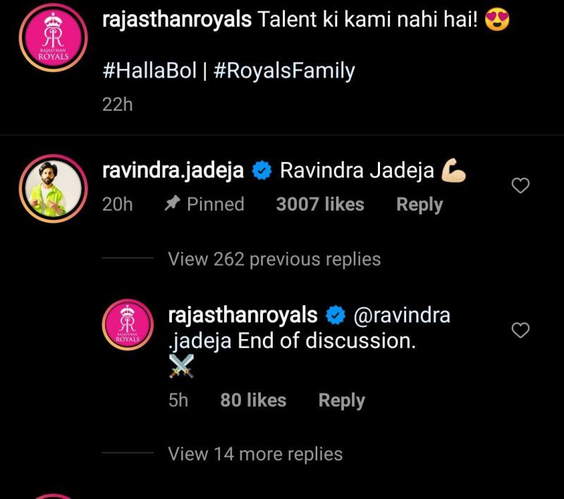Ravindra Jadeja&#039;s comment on Rajasthan Royals&#039; post