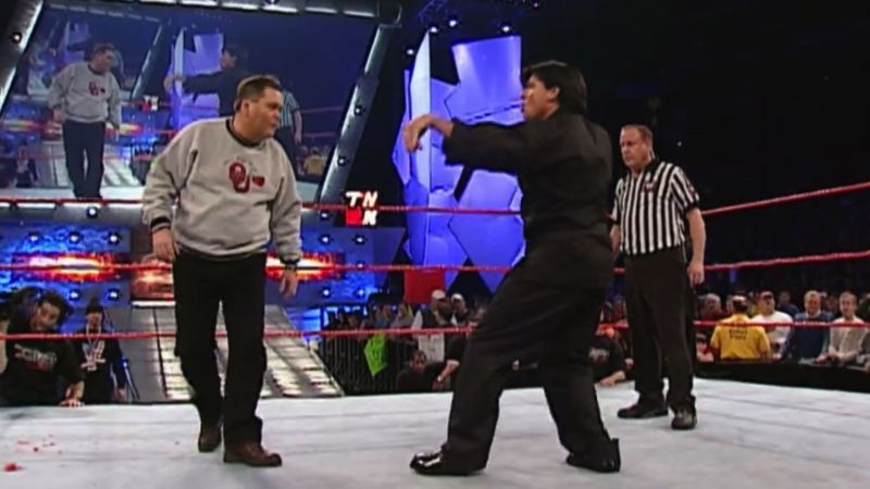 Eric Bischoff faced off against RAW commentator Jim Ross during his feud with Stone Cold Steve Austin