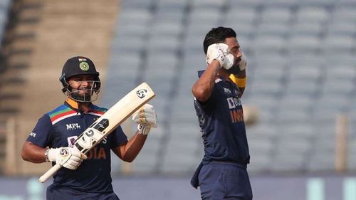 KL Rahul (R) celebrates after reaching fifth ODI hundred