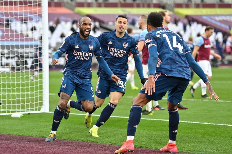 Alexandre Lacazette celebrates after scoring Arsenal&#039;s equaliser.