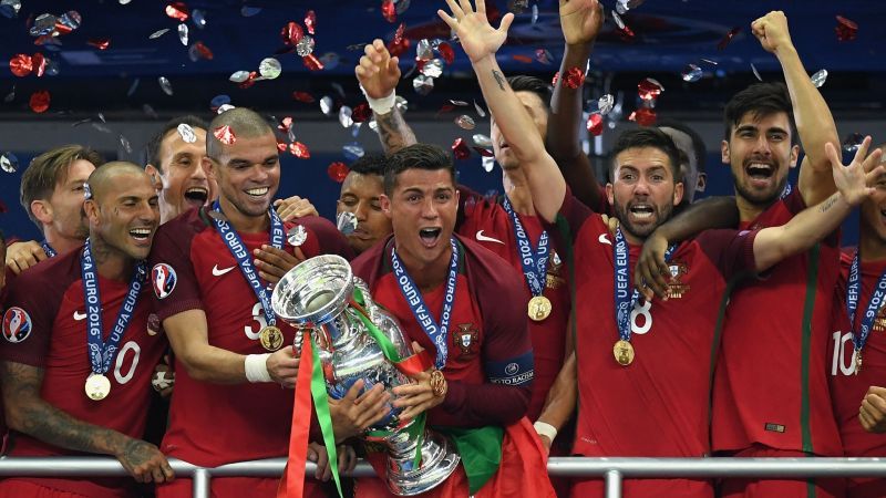 Cristiano Ronaldo rejoices after winning the 2016 European Championship with Portugal.