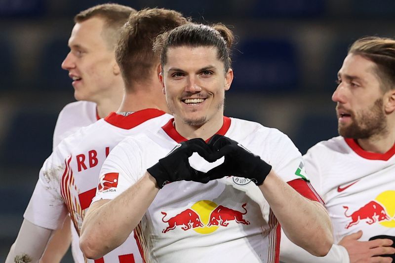 Marcel Sabitzer celebrates a goal for RB Leipzig