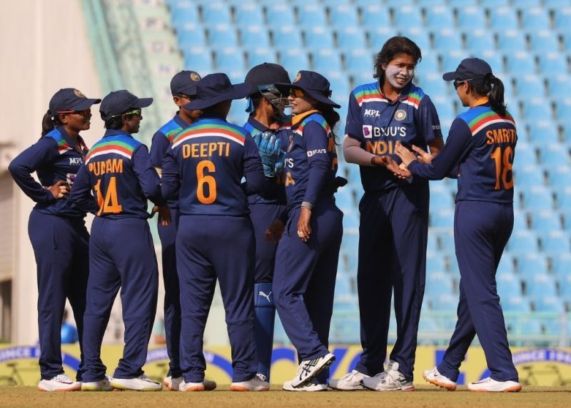 Jhulan Goswami celebrates a wicket with teammates. Pic: ICC/ Twitter