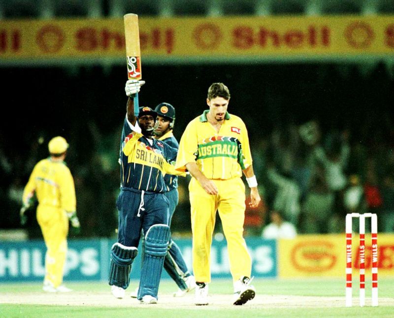 Aravinda de Silva celebrates his hundred.