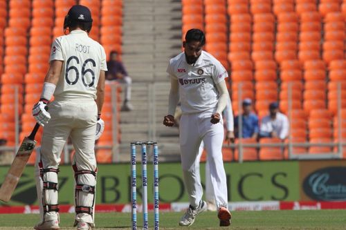 Mohammed Siraj celebrates after getting Joe Root in the fourth Test in Ahmedabad.