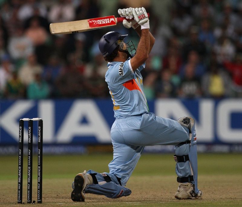 Yuvraj Singh hits one of his six sixes in a Stuart Broad over.