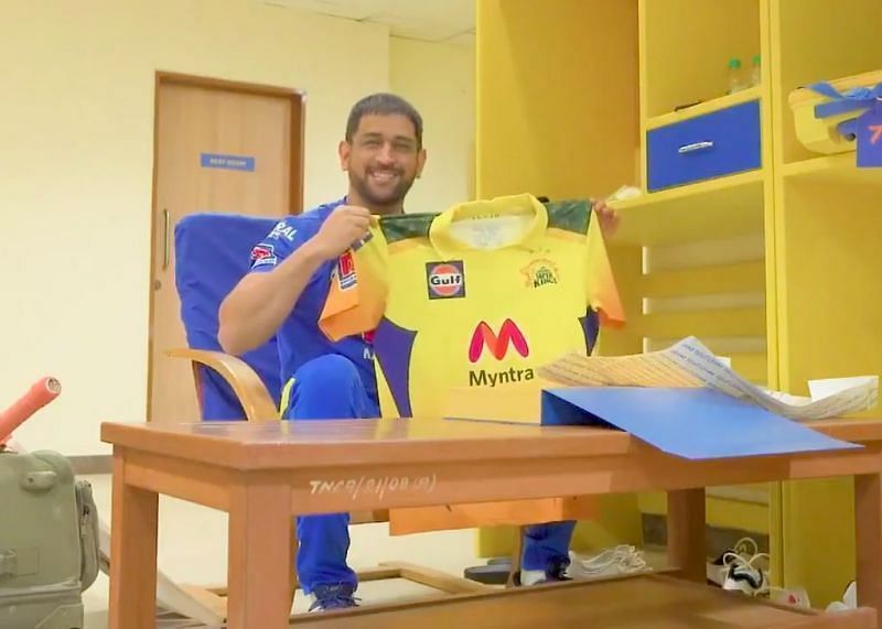 MS Dhoni unveils the new CSK jersey. Pic: Chennai Super Kings/ Instagram