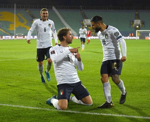 Manuel Locatelli celebrates his first goal for Italy.