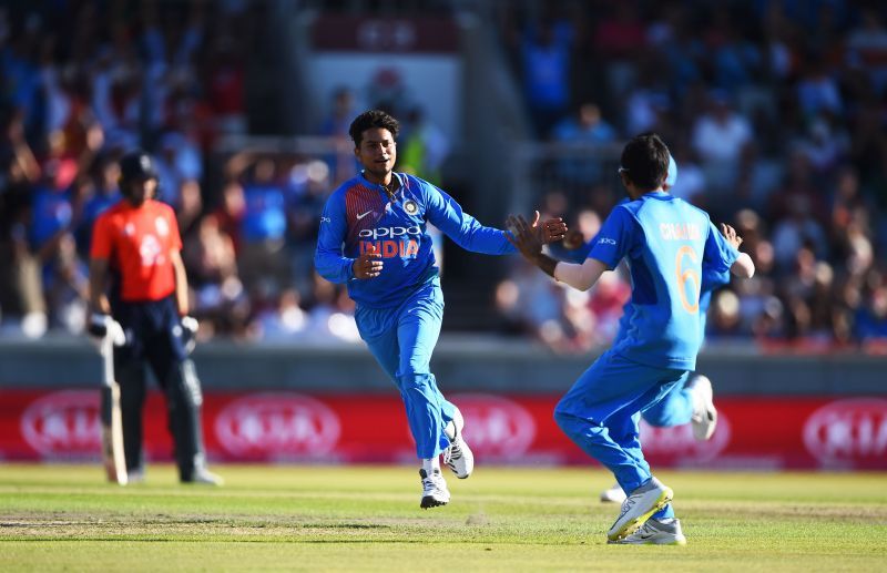 Kuldeep Yadav celebrates the wicket of Jonny Bairstow in the Manchester T20I in 2018.