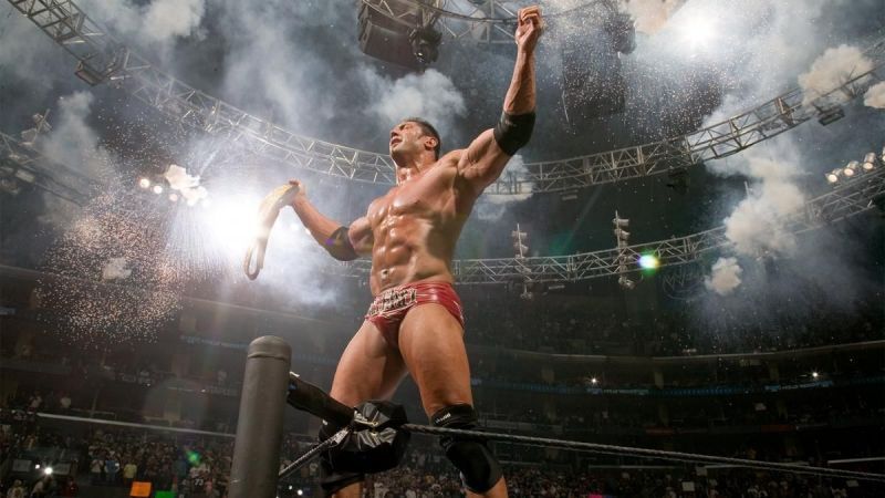 Batista celebrating another victory in the WWE