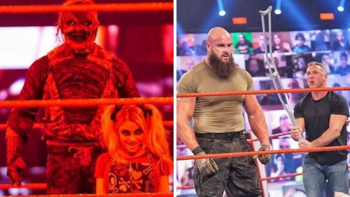 The Fiend and Alexa Bliss (left); Braun Strowman and Shane McMahon (right)